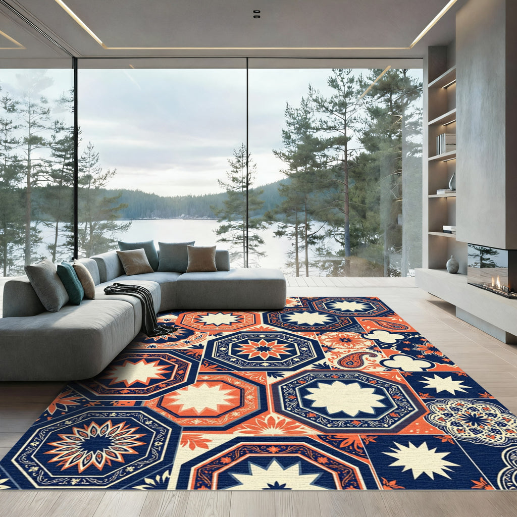 Navy and Tangerine Geometric Octagon Medallion Rug