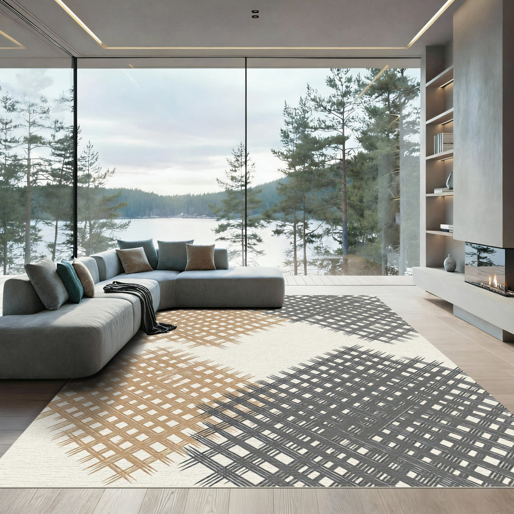 Taupe and Charcoal Geometric Grid Rug