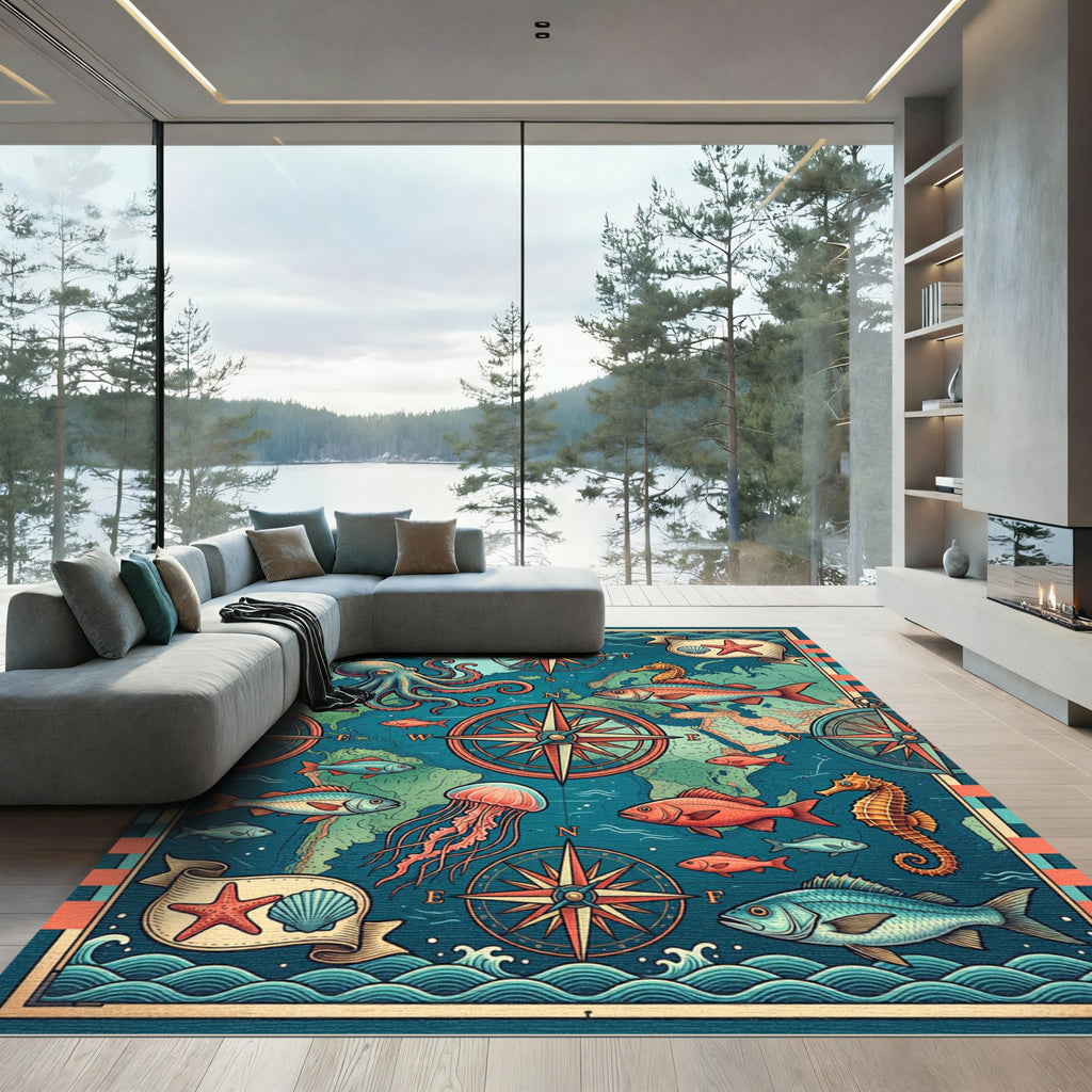 Nautical Compass Sea Creature Marine Map Rug