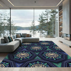Deep Blue Golden Chrysanthemum Hexagon Rug