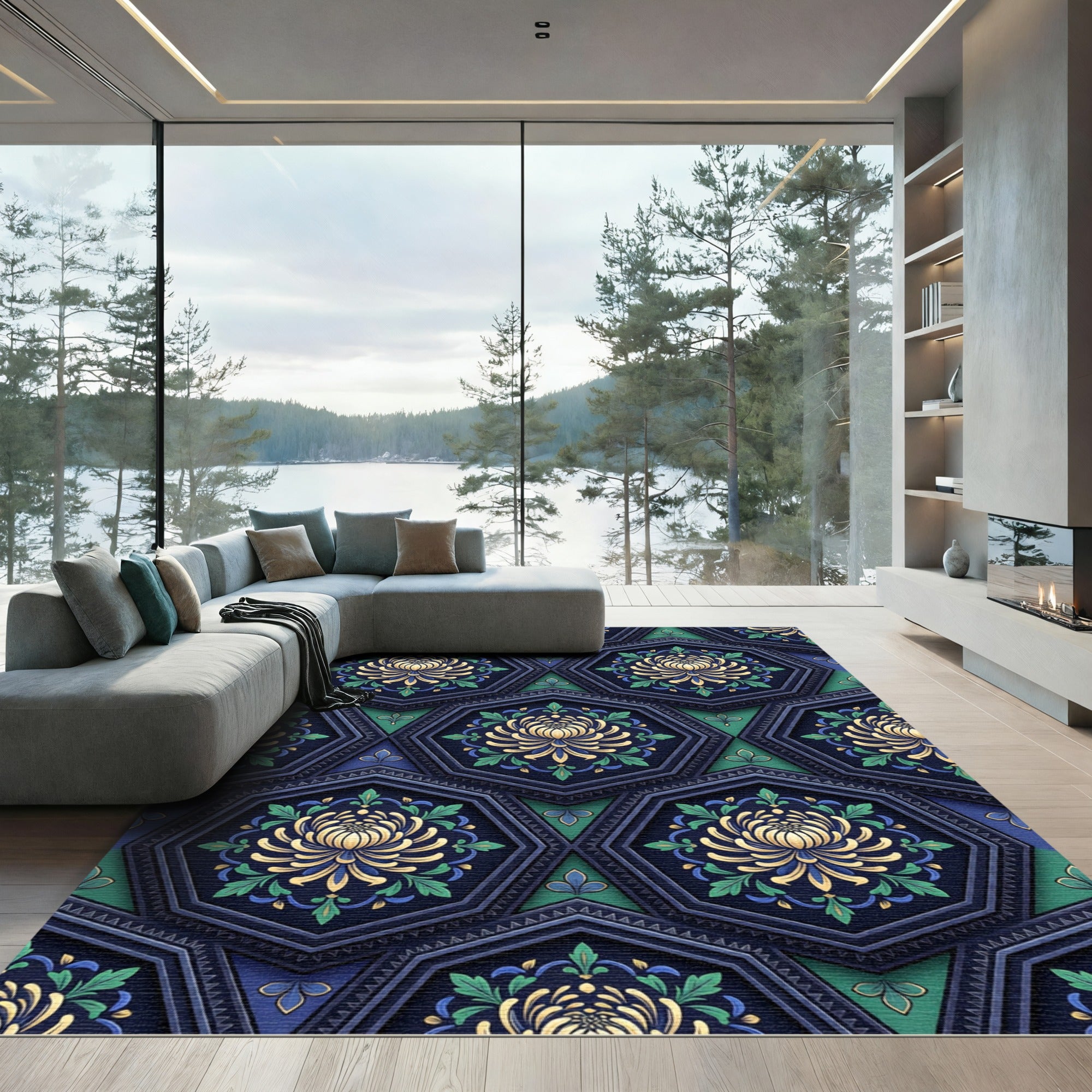 Deep Blue Golden Chrysanthemum Hexagon Rug