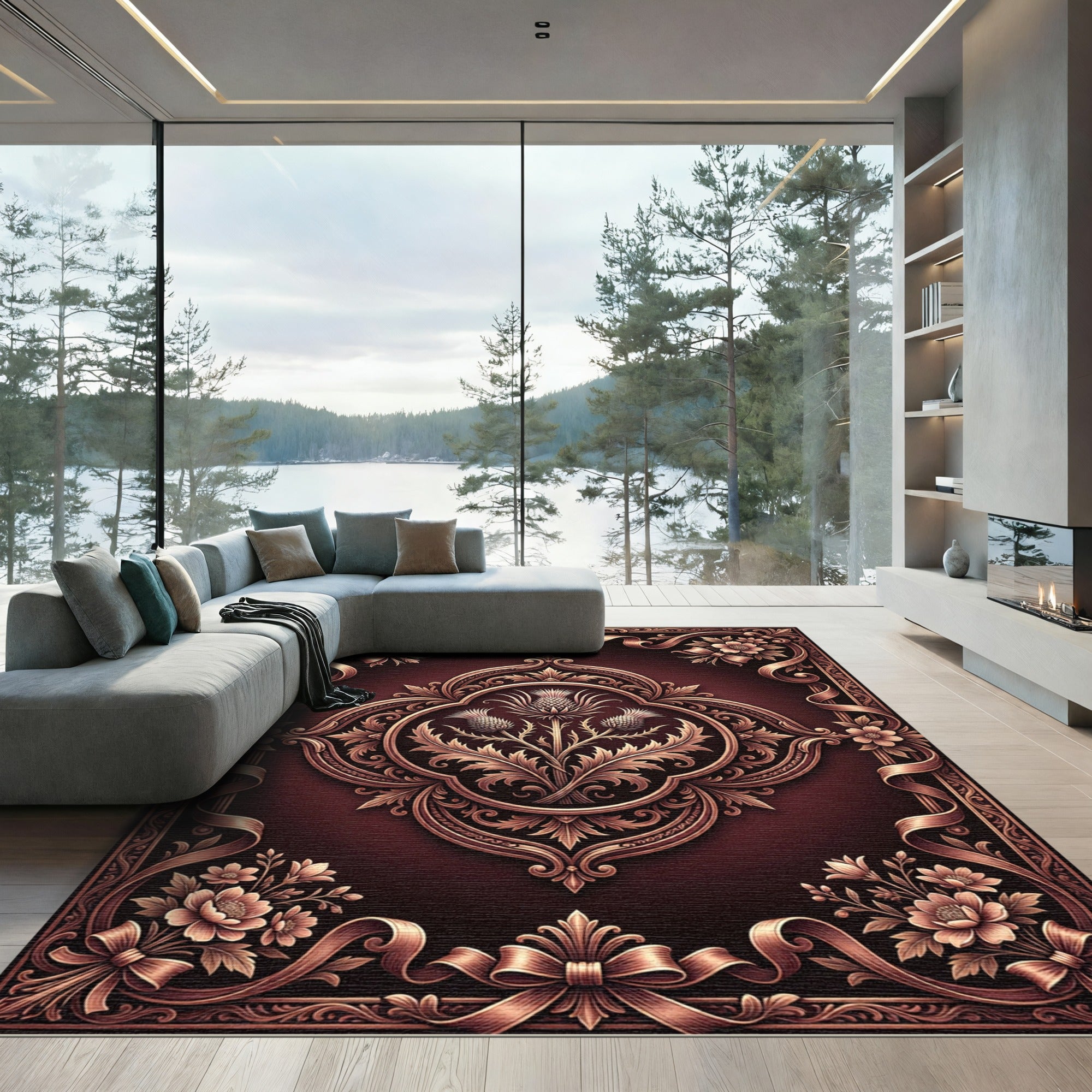 Ornate Crimson Floral Thistle Frame Rug