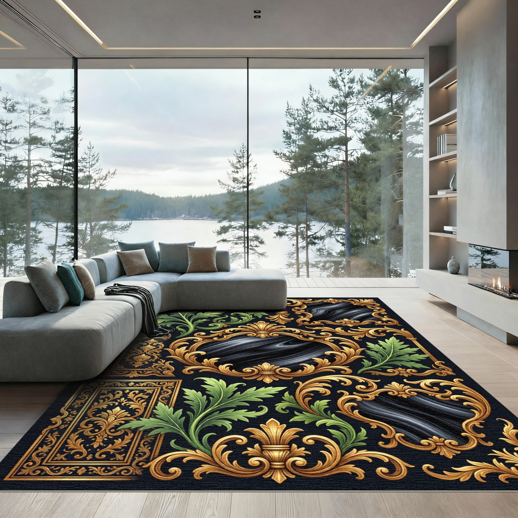 Ornate Gold Leaf Acanthus Scroll Work Rug