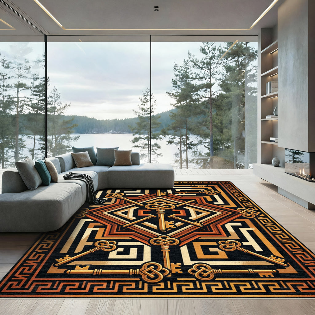 Gilded Key Meander Geometric Emblem Rug