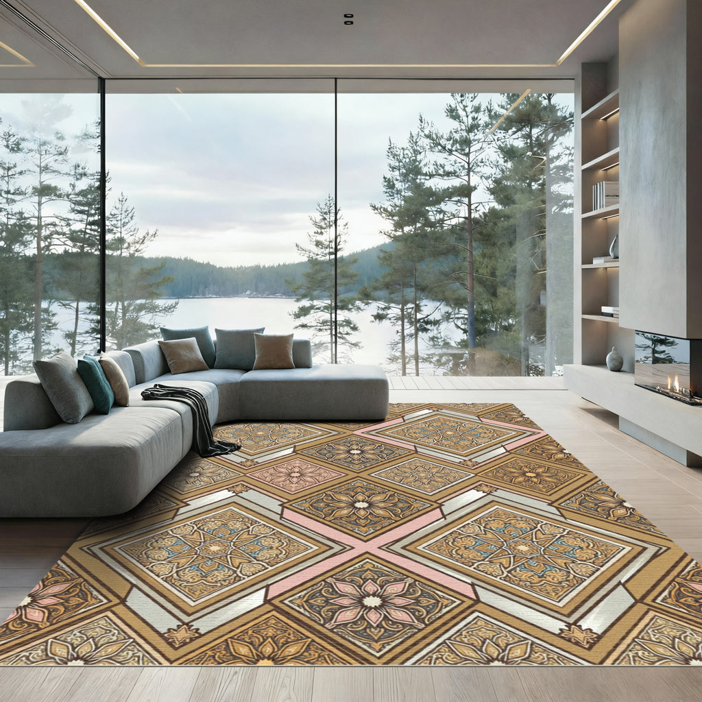 Ornate Gold Floral Geometric Mosaic Rug