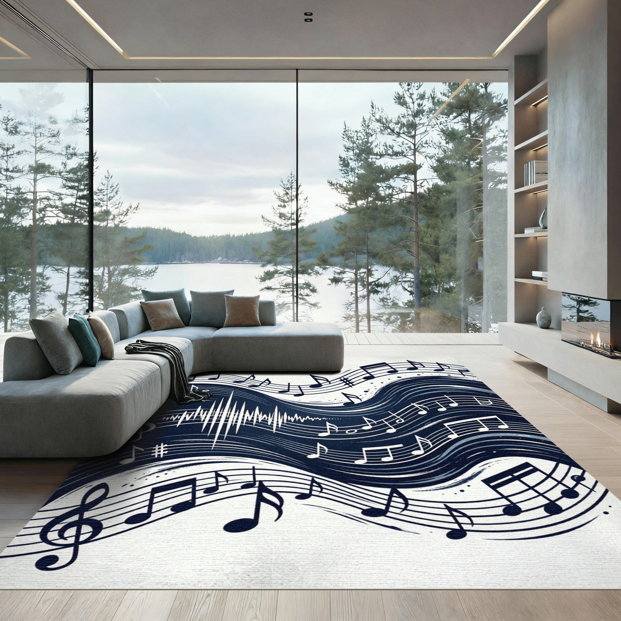 Abstract Navy Musical Wave Art Rug
