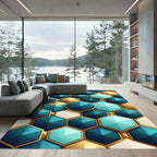 Luxury Teal and Gold Geometric Hexagon Rug