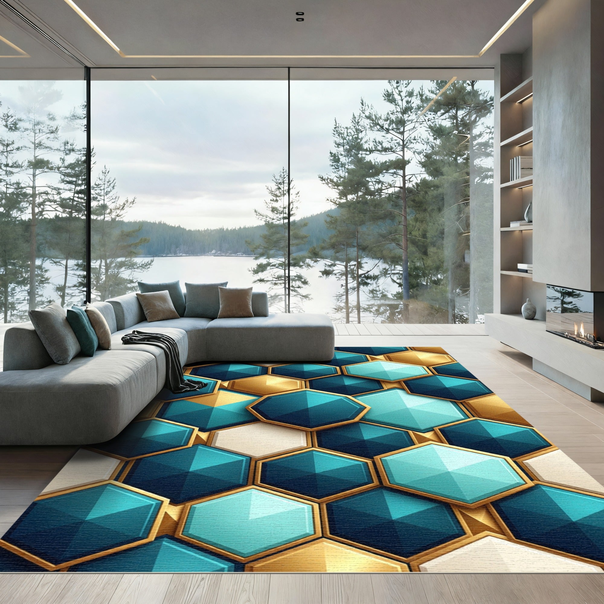 Luxury Teal and Gold Geometric Hexagon Rug