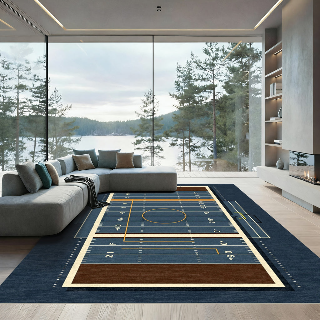 Modern Blue Grid Football Field Rug