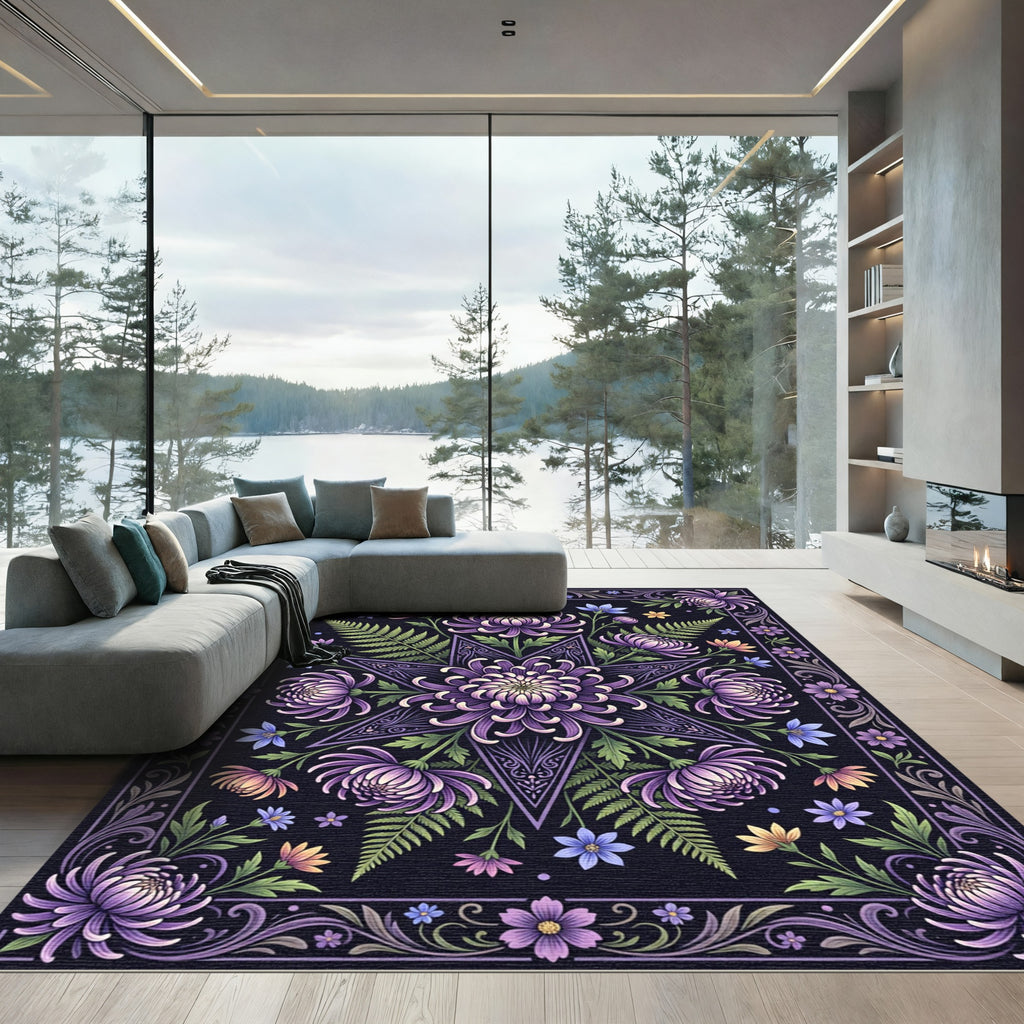 Ethereal Purple Chrysanthemum Star Floral Rug