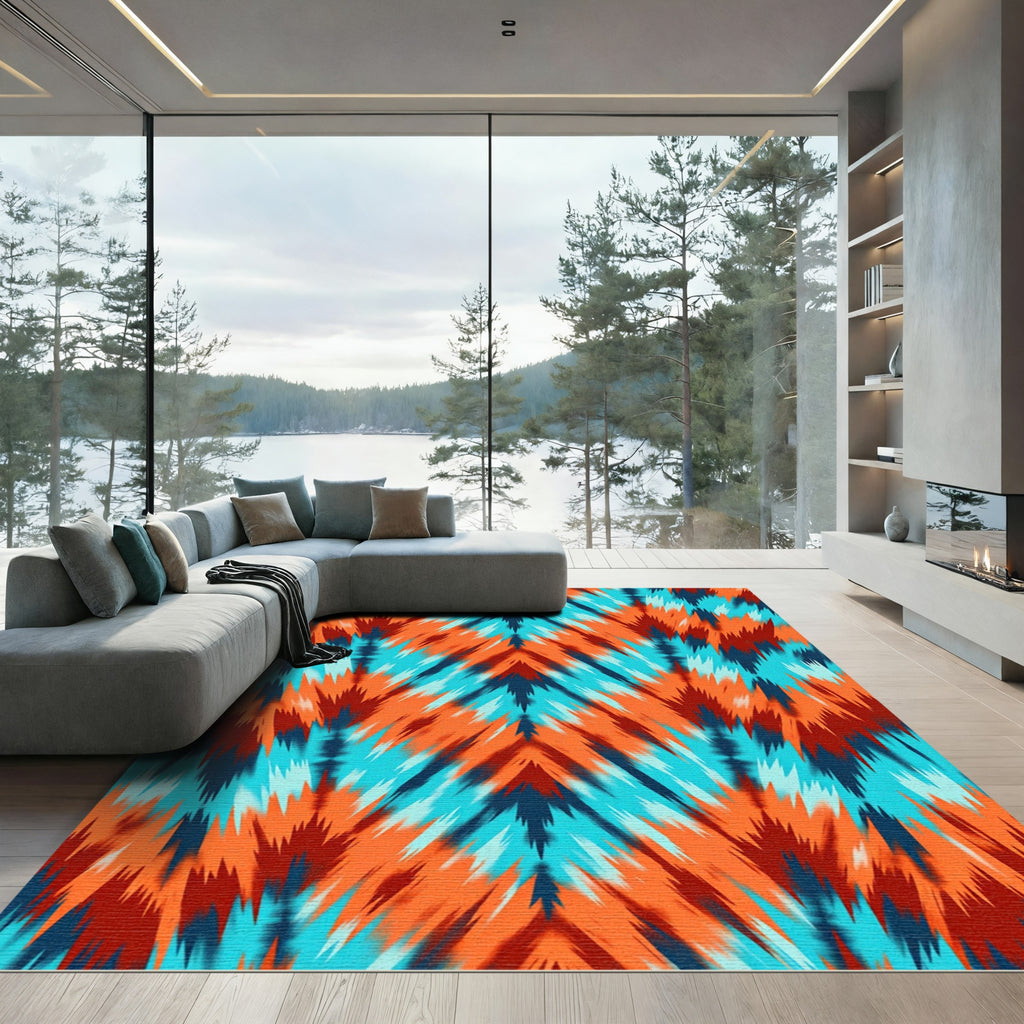Fiery Orange Teal Zigzag Chevron Rug