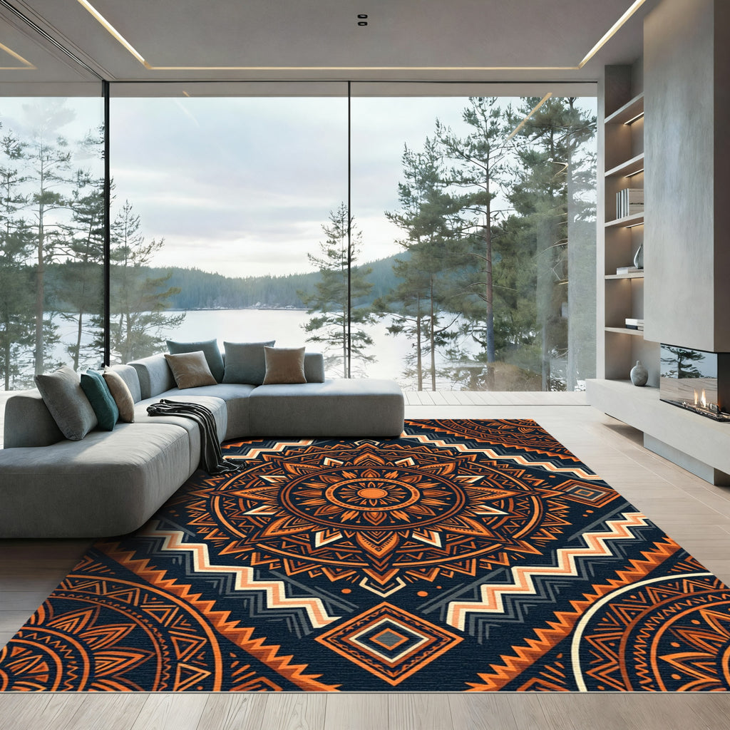 Geometric Ochre Sunburst Ethnic Mandala Rug