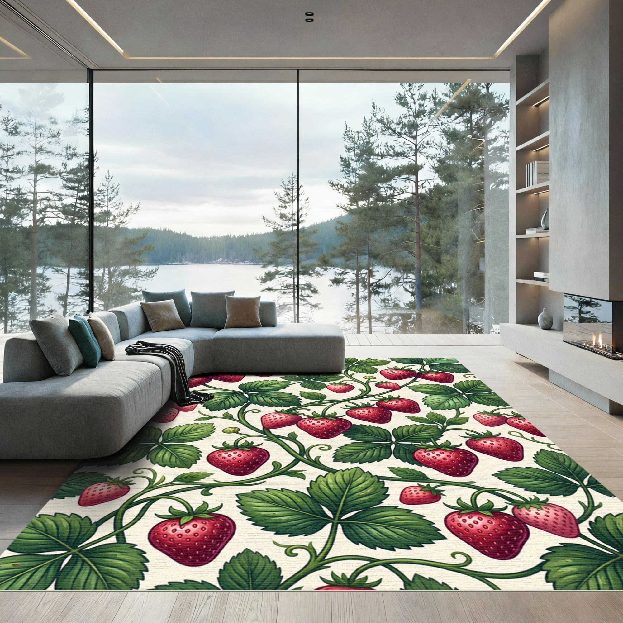 Fresh Strawberry Vines Botanical Illustration Rug