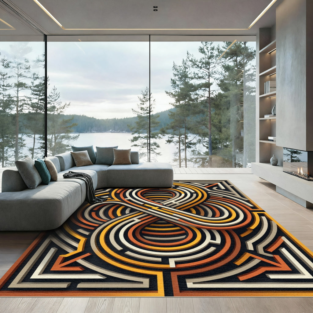 Modern Geometric Infinity Maze Ochre Rug