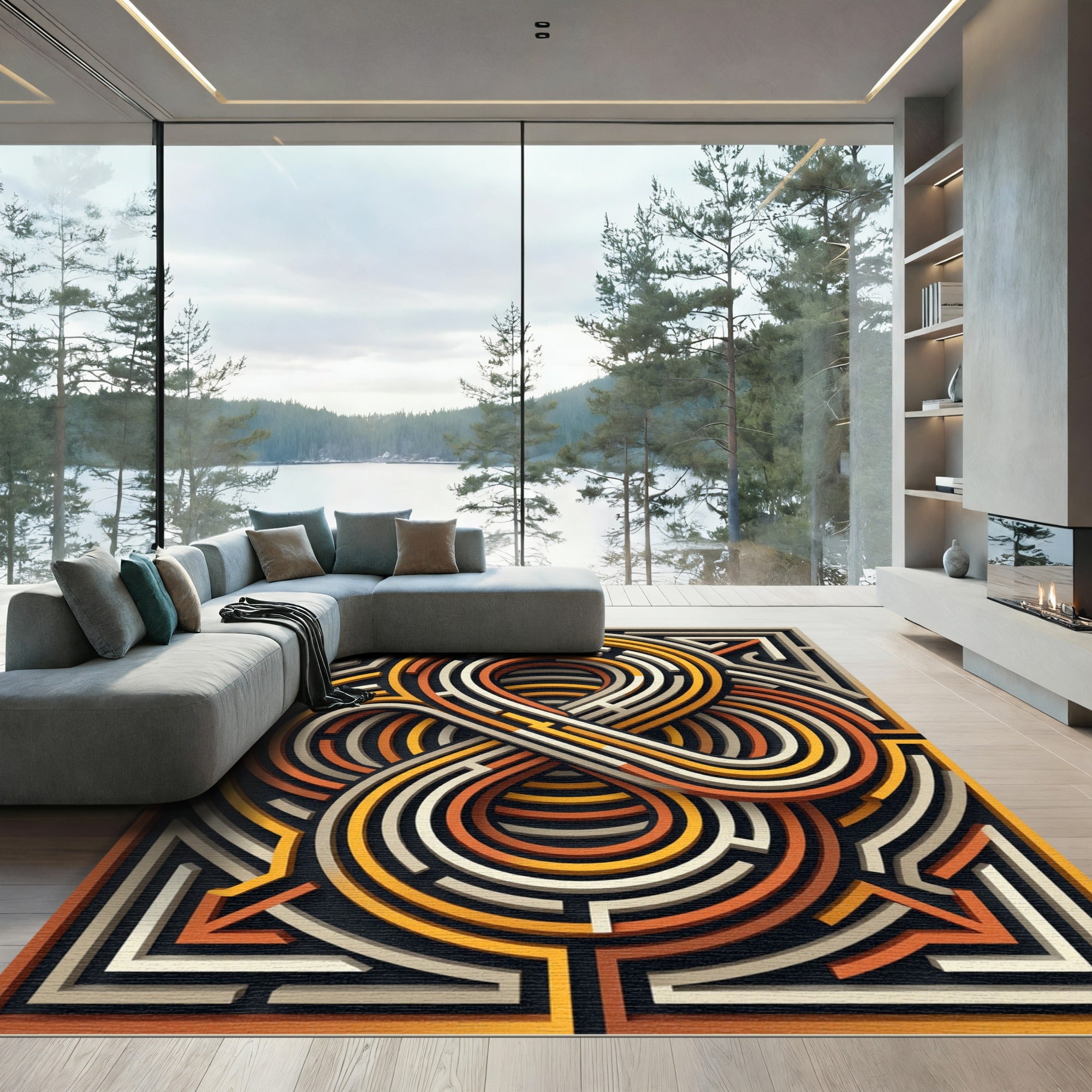 Modern Geometric Infinity Maze Ochre Rug