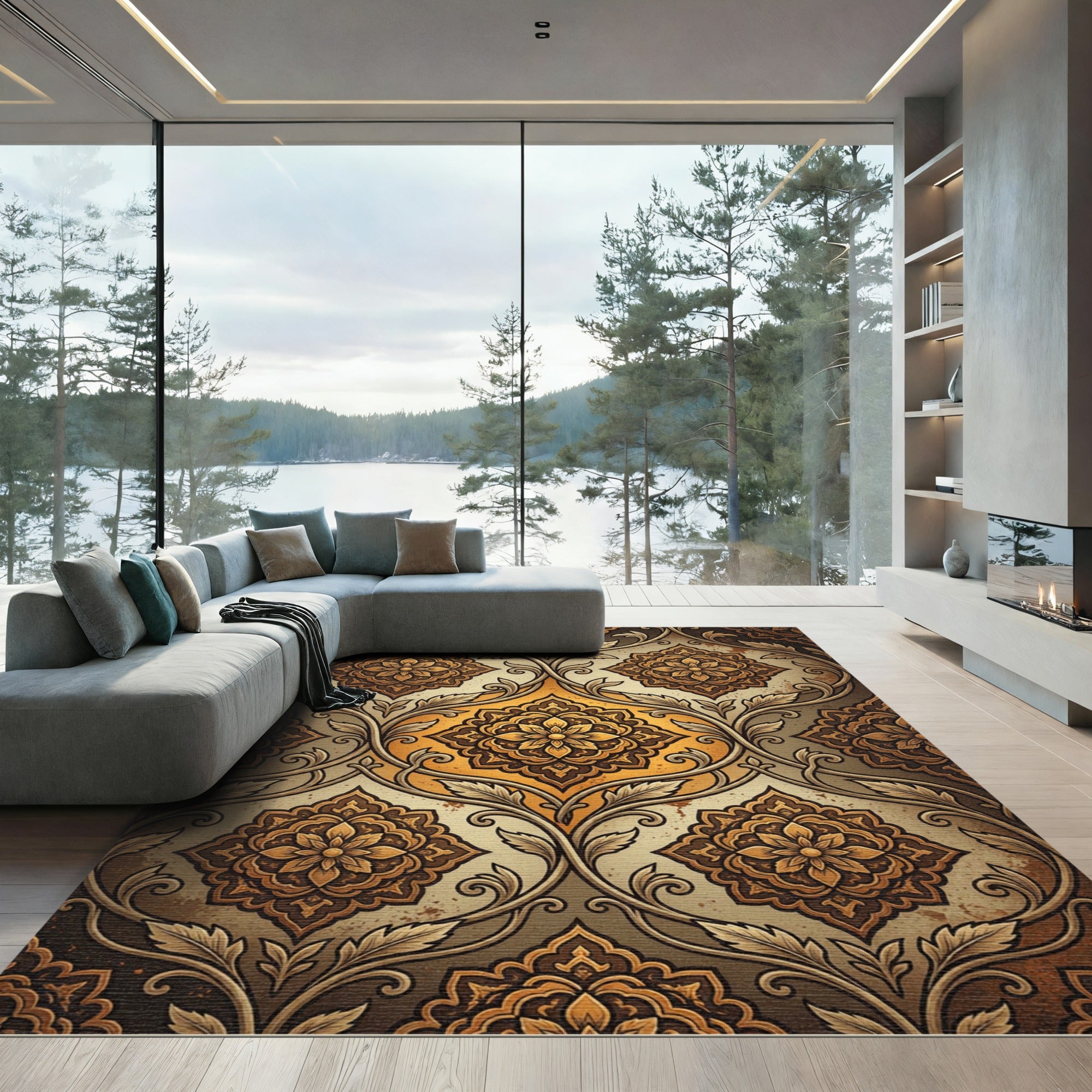 Golden Ochre Damask Floral Medallions Rug