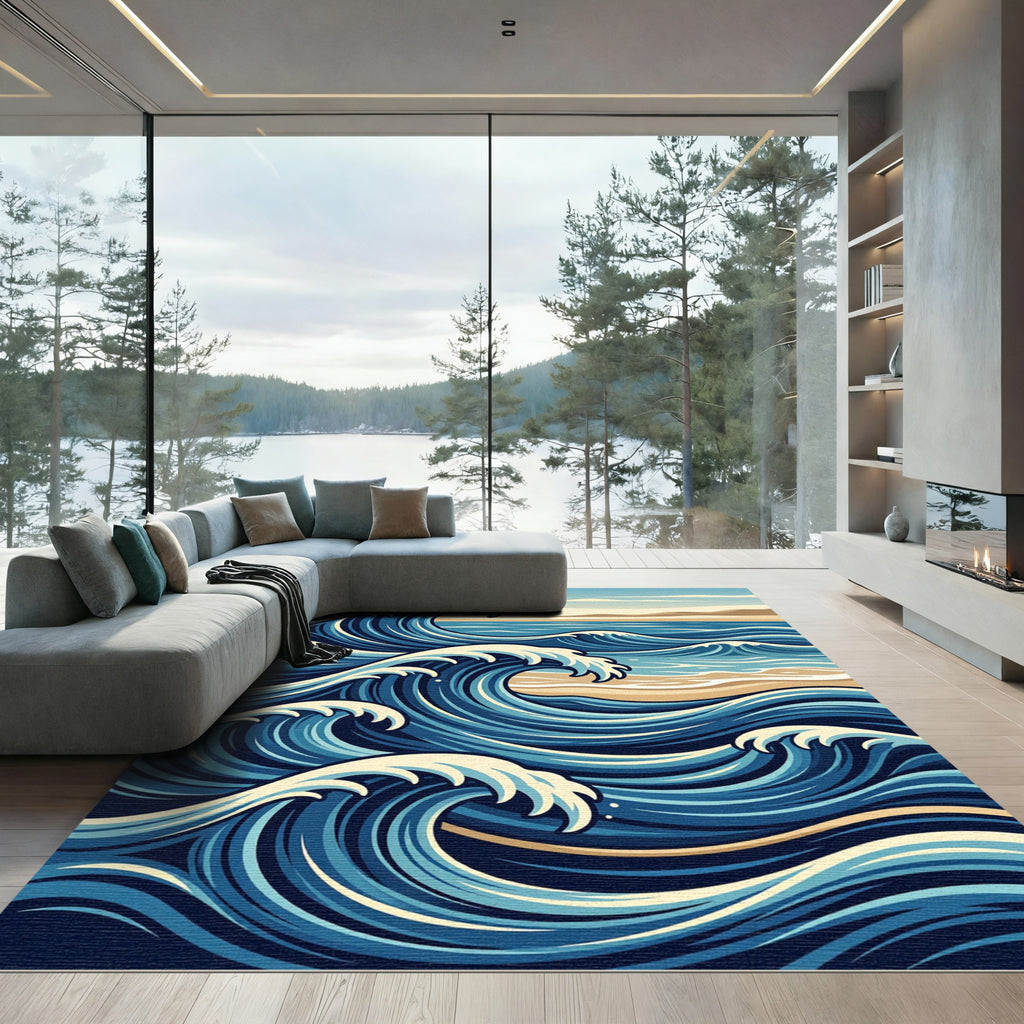 Japanese Inspired Deep Blue Ocean Waves Rug
