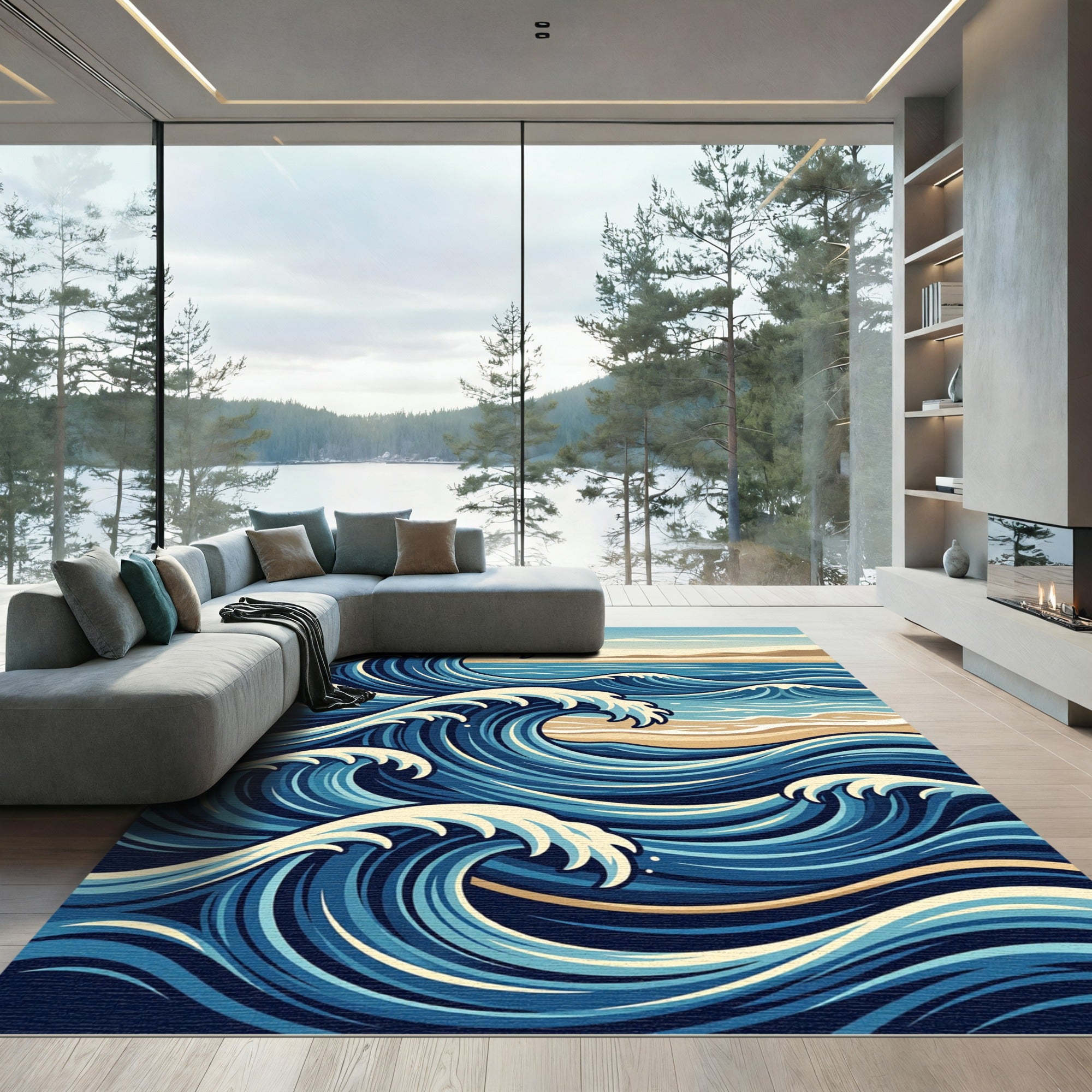 Japanese Inspired Deep Blue Ocean Waves Rug