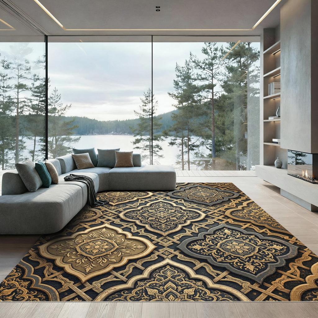 Golden Damask Filigree Slate Lattice Rug