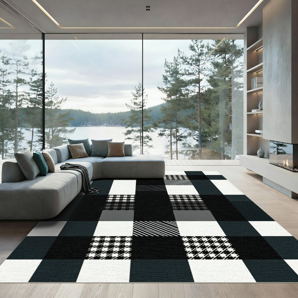 Modern Black and White Plaid Mix Rug