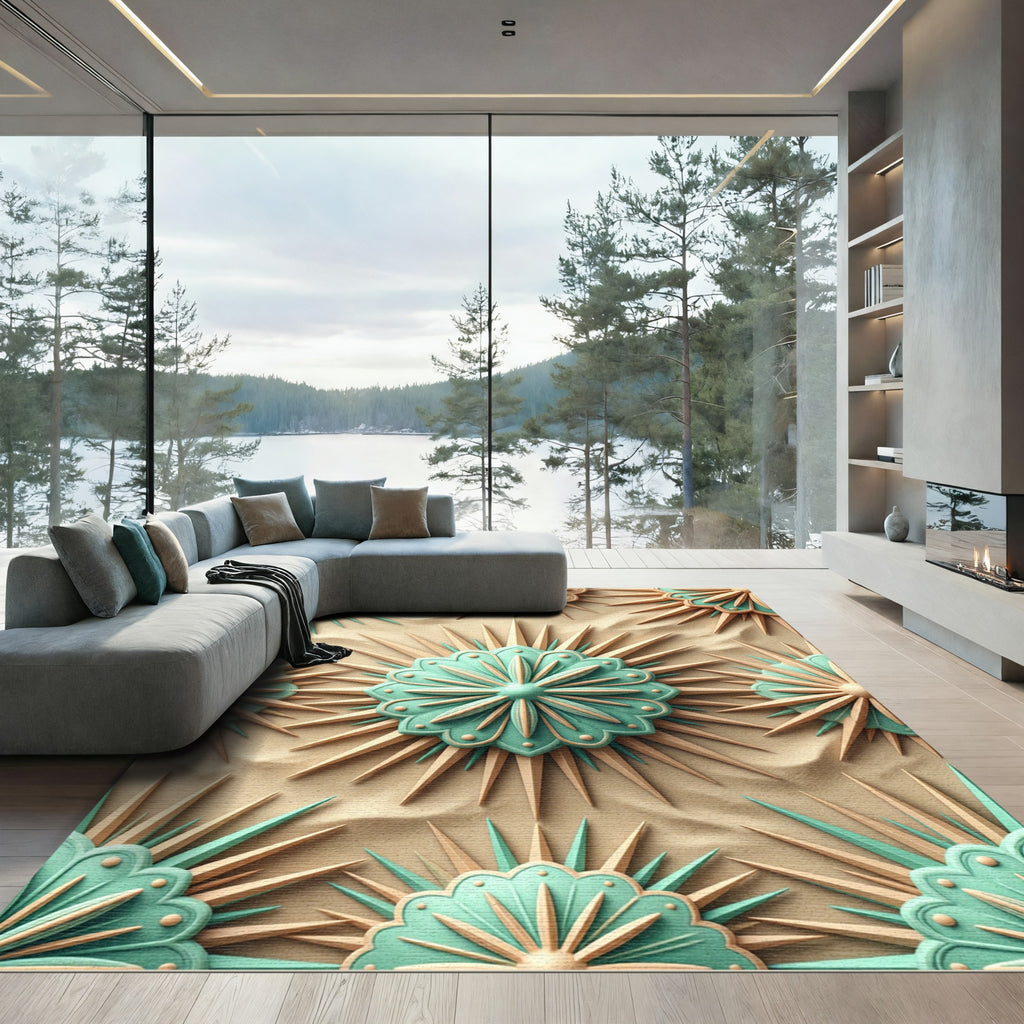 Mint Teal Sand Starburst Medallion Rug