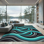Abstract Teal and Charcoal Fluid Wave Rug