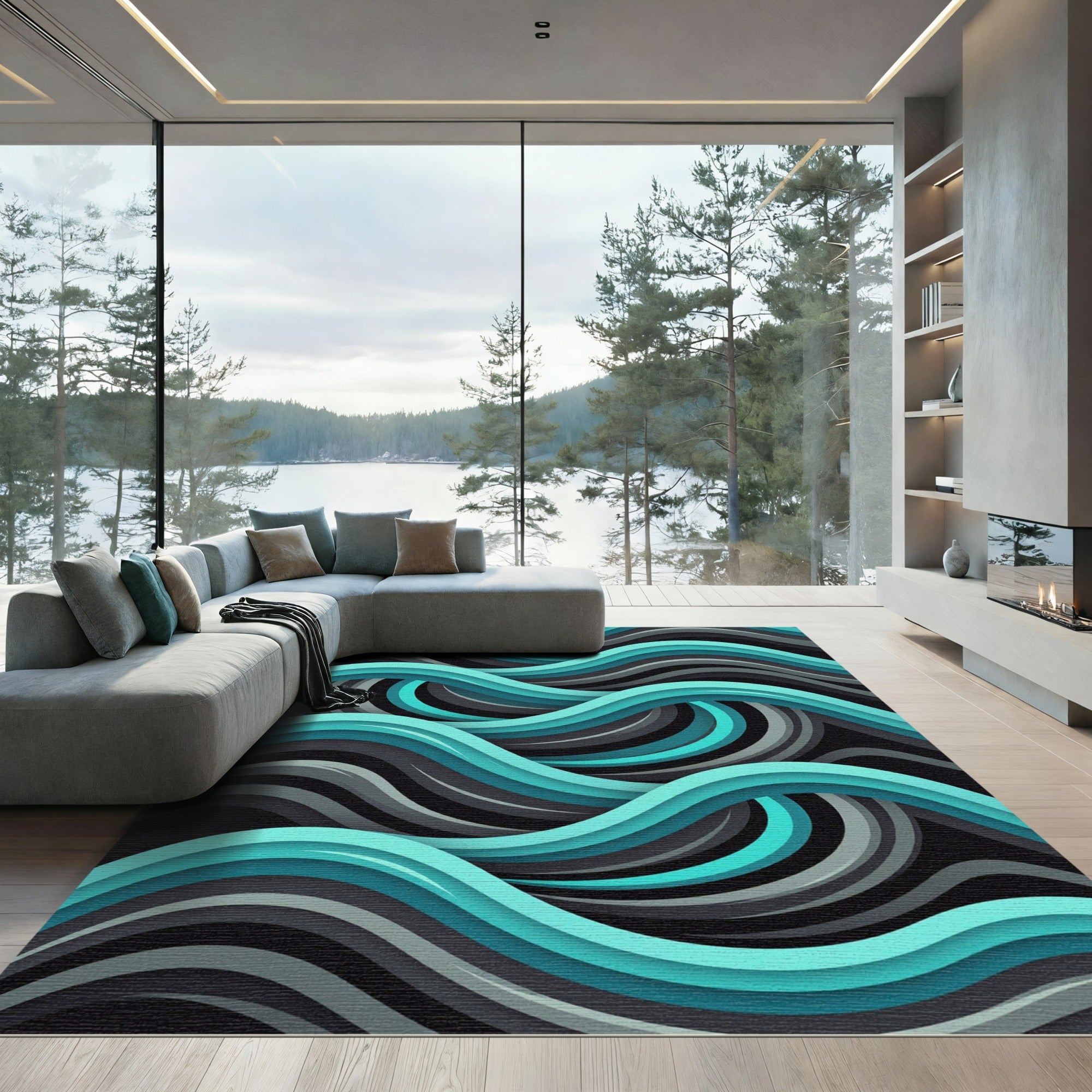 Abstract Teal and Charcoal Fluid Wave Rug