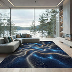 Ethereal Cosmic Blue and Golden Swirl Rug
