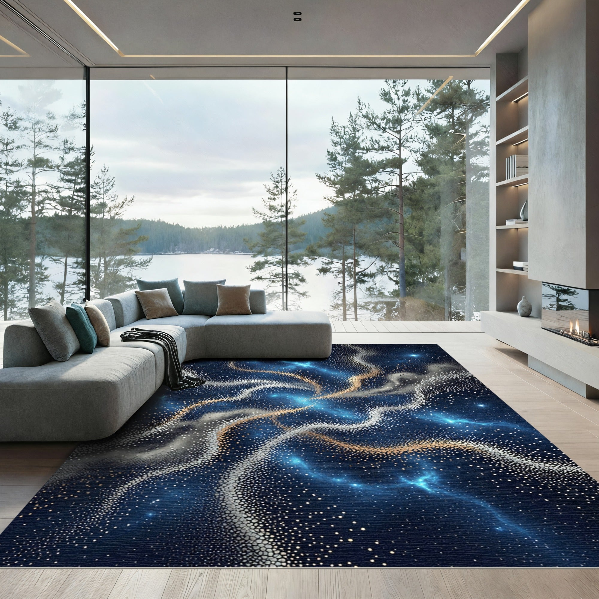 Ethereal Cosmic Blue and Golden Swirl Rug