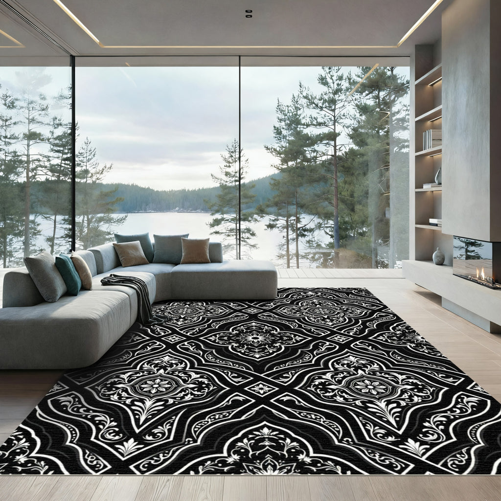 Ornate Black White Floral Arabesque Rug