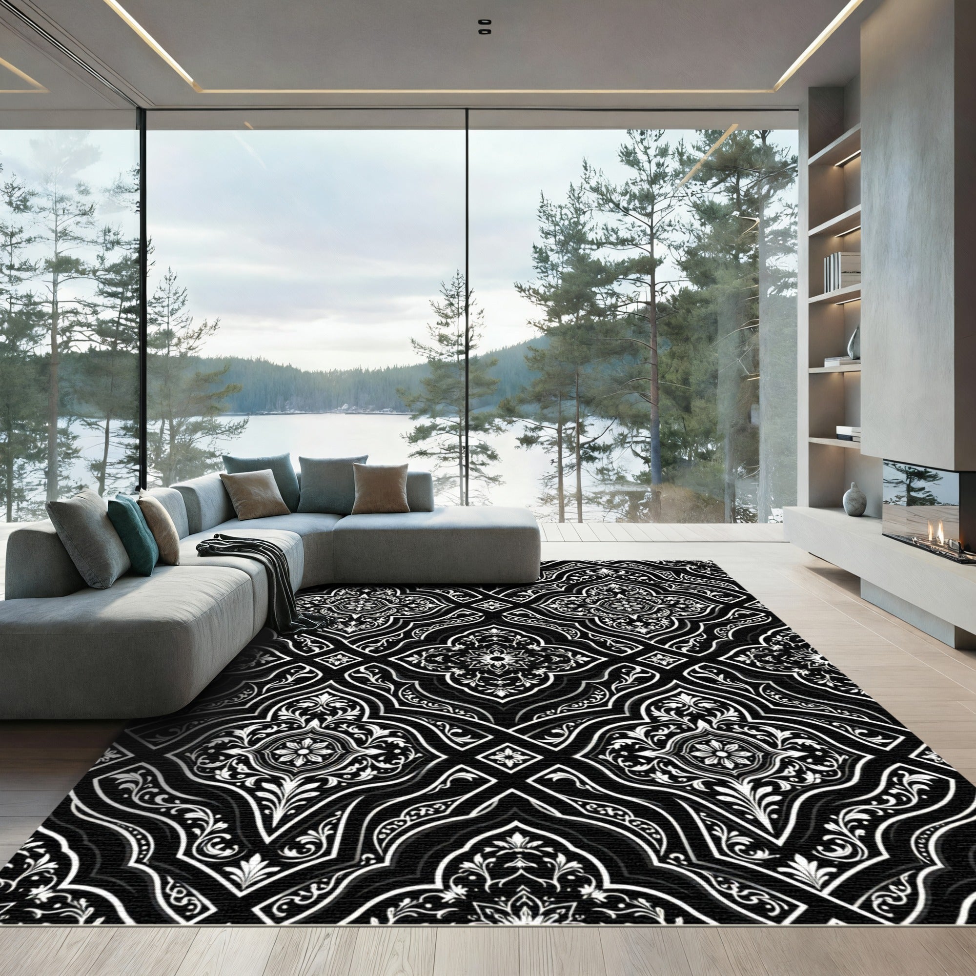 Ornate Black White Floral Arabesque Rug