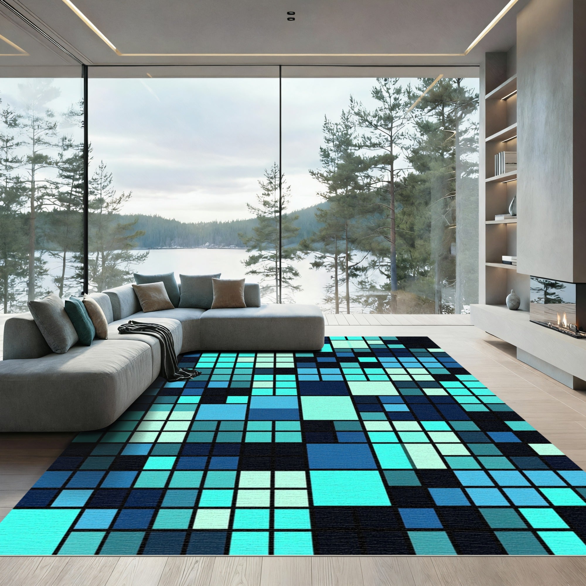 Modern Teal Pixelated Mosaic Grid Rug