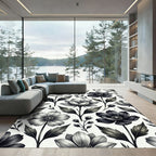 Monochrome Botanical Floral Ink Sketch Rug