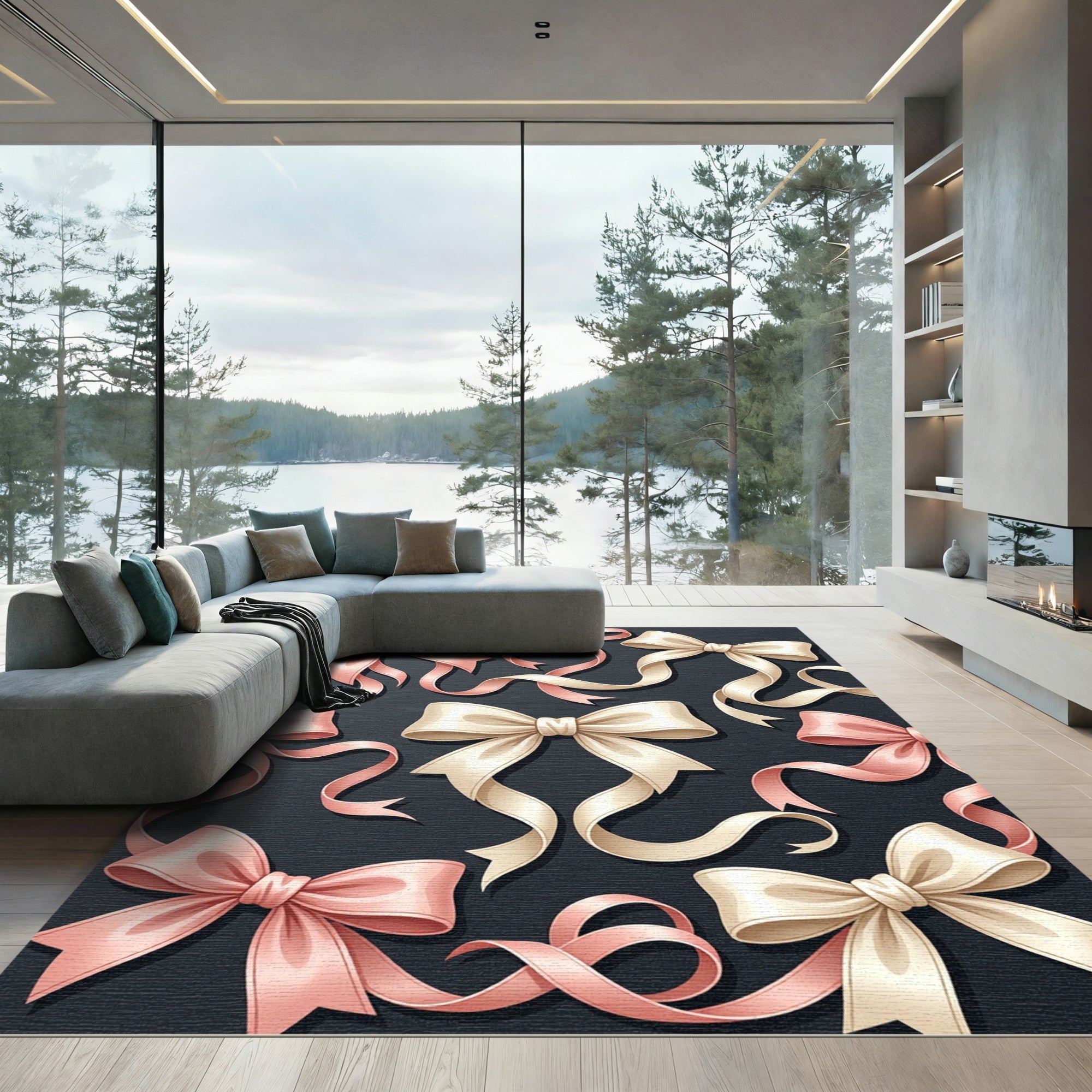 Elegant Cream and Blushing Pink Bows Rug