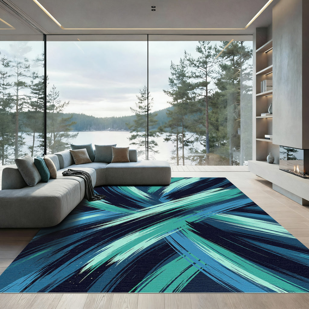 Dynamic Teal Blue Abstract Brushstroke Rug