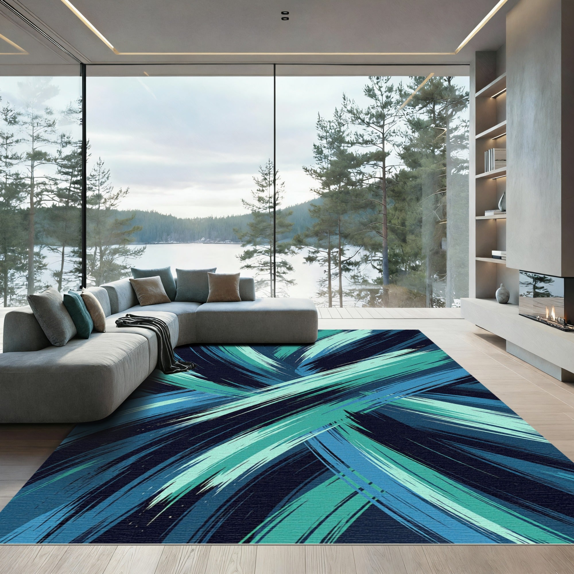 Dynamic Teal Blue Abstract Brushstroke Rug
