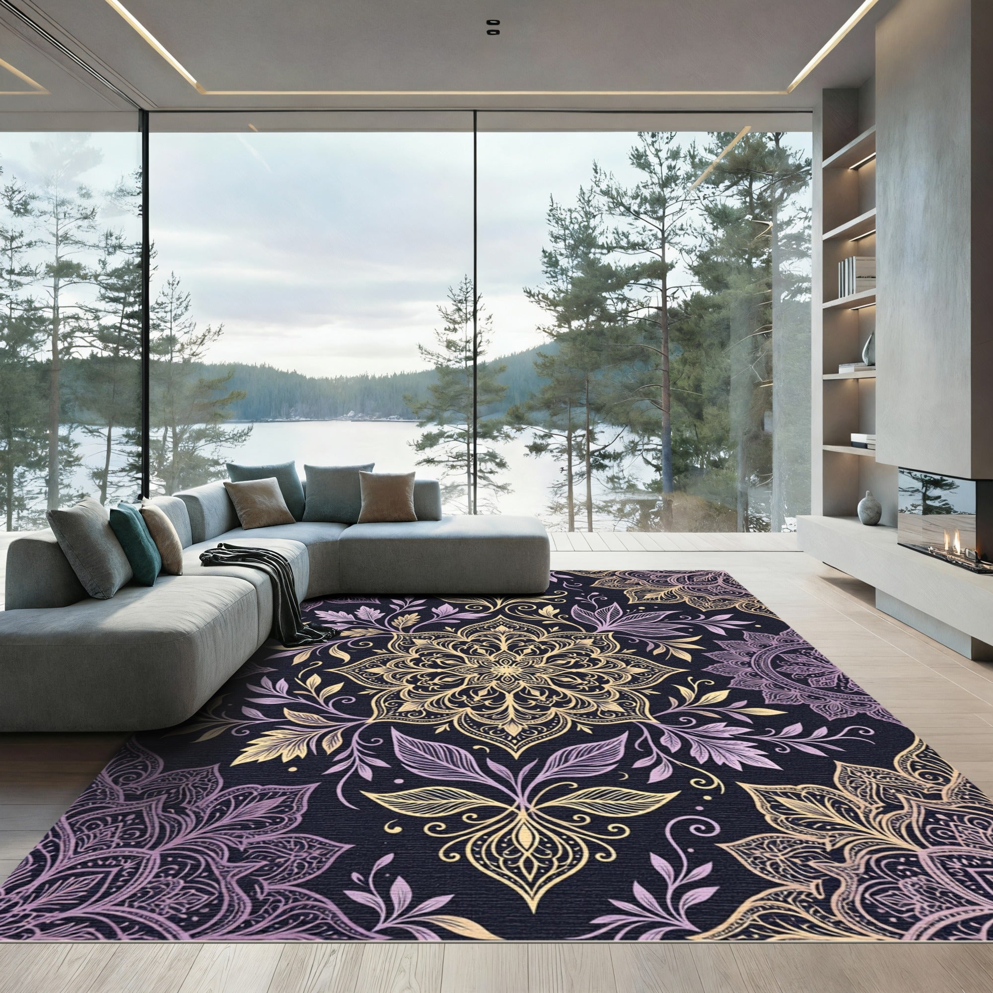 Golden Lavender Floral Medallion Collage Rug