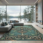 Elegant Teal Acanthus Scrollwork Medallion Rug