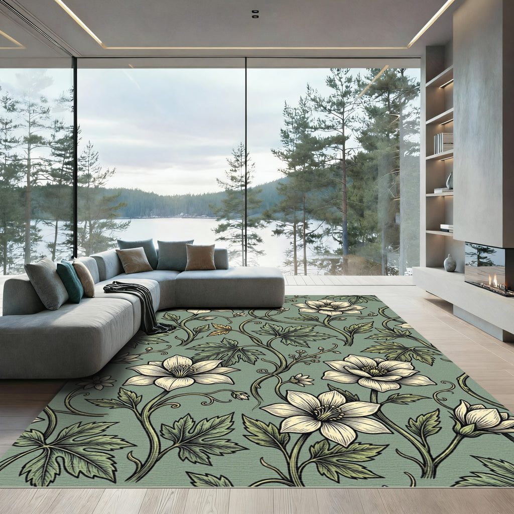 Vintage Sage Green Botanical Clematis Rug