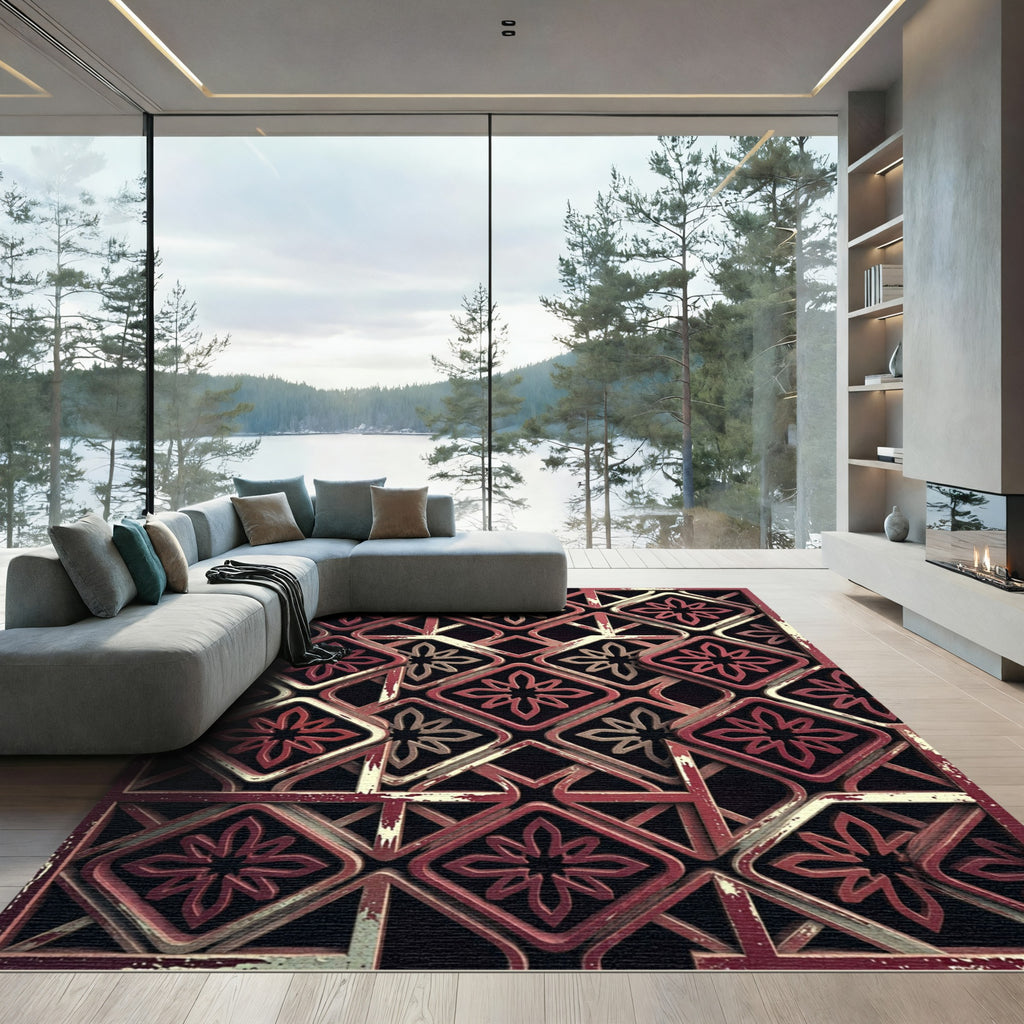 Earthy Red Geometric Lattice Floral Rug