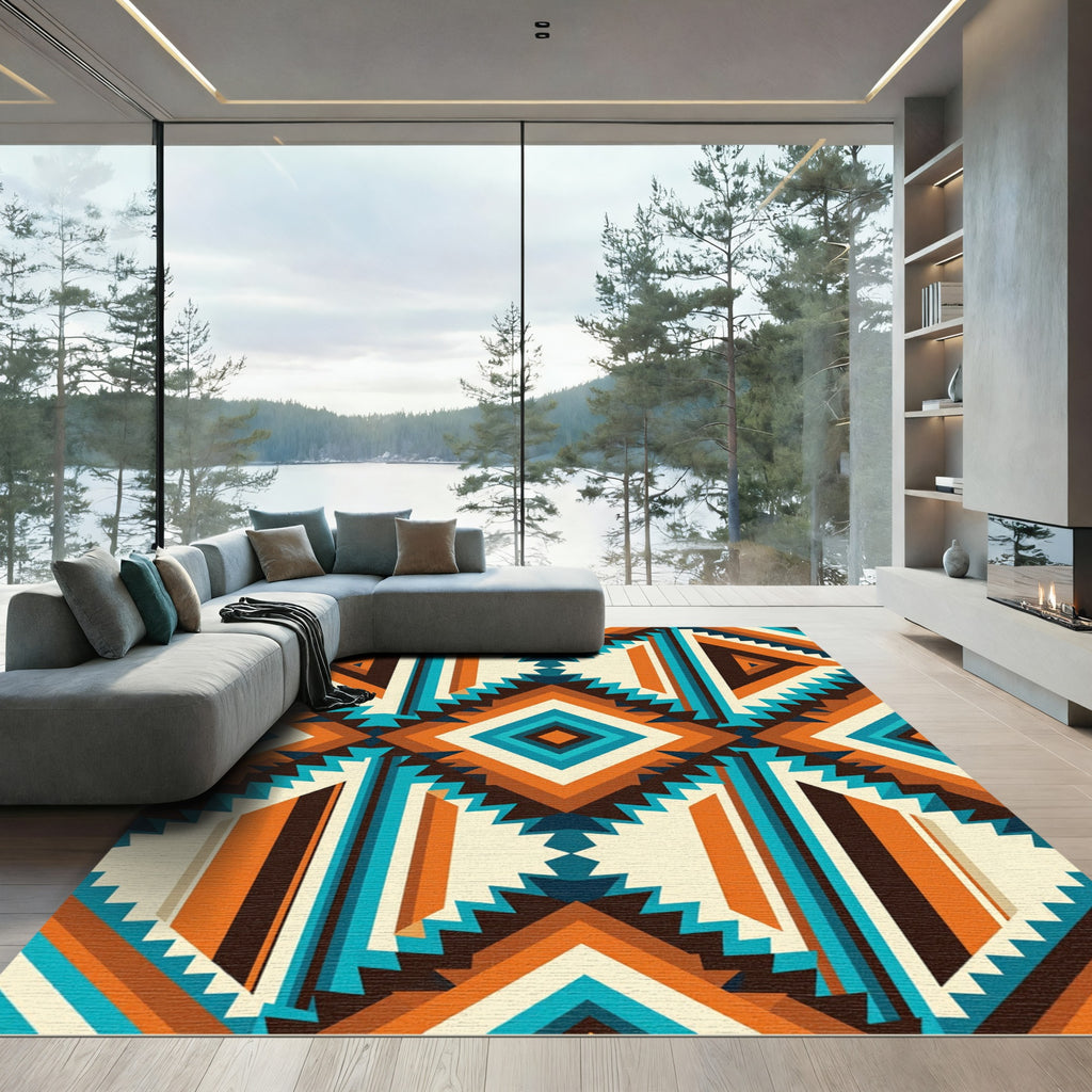 Vibrant Copper Teal Geometric Boho Rug