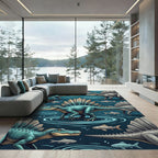 Teal Spinosaurus and Fish Oceanic Illustration Rug