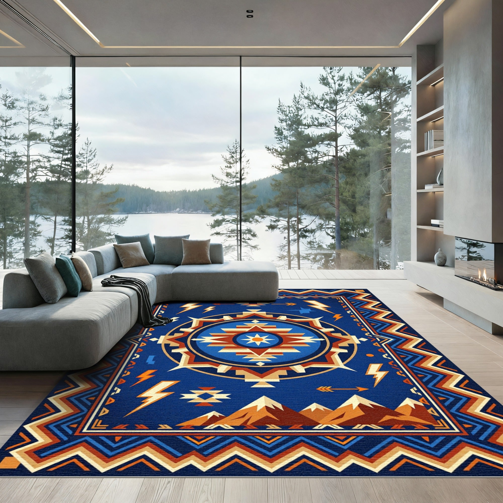 Geometric Sun Mountain Lightning Tribal Rug