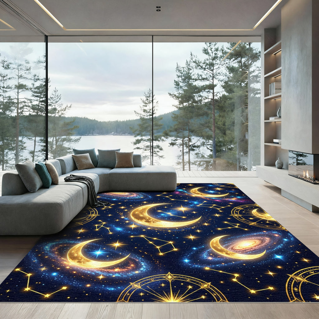 Celestial Golden Moon Galaxy Constellation Rug