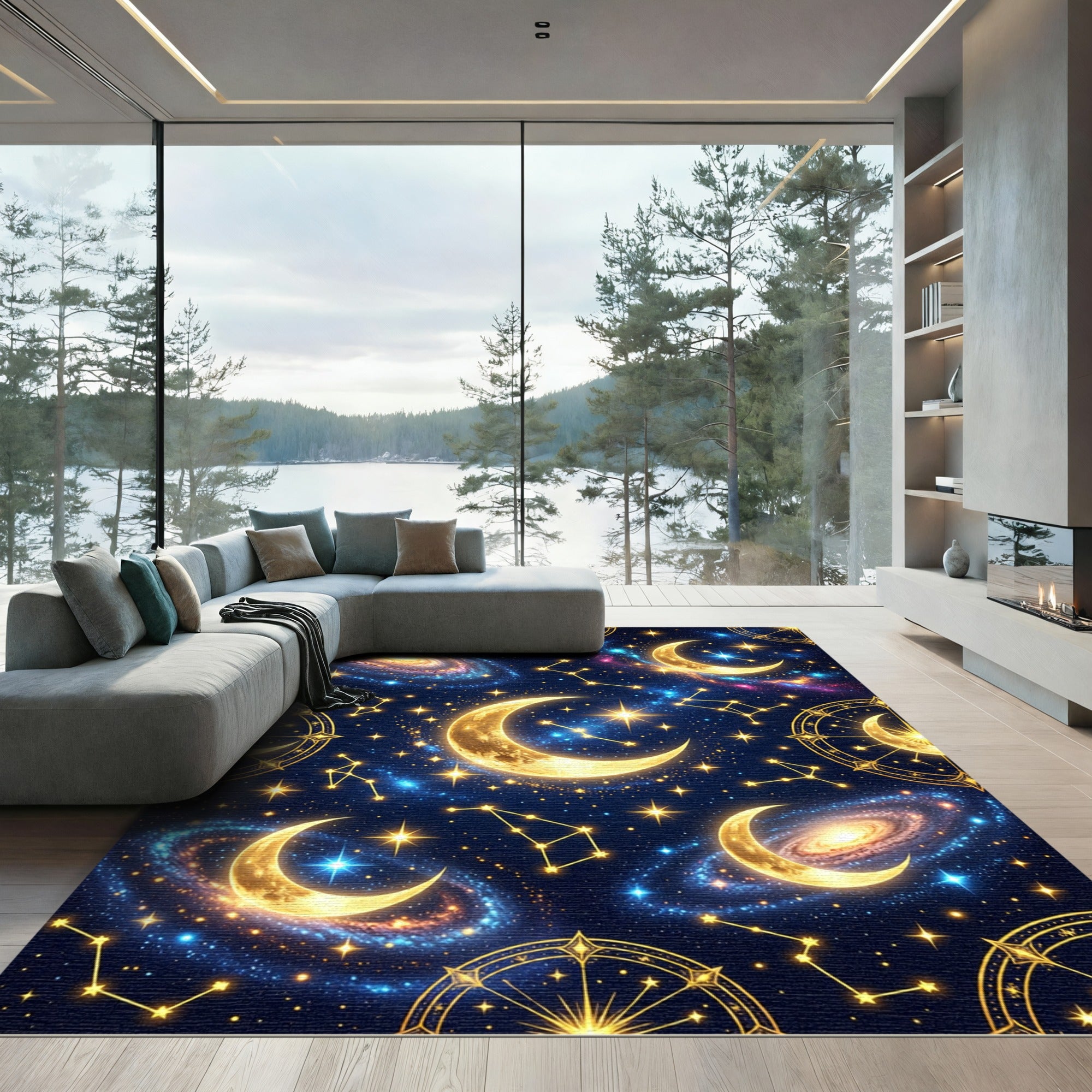 Celestial Golden Moon Galaxy Constellation Rug