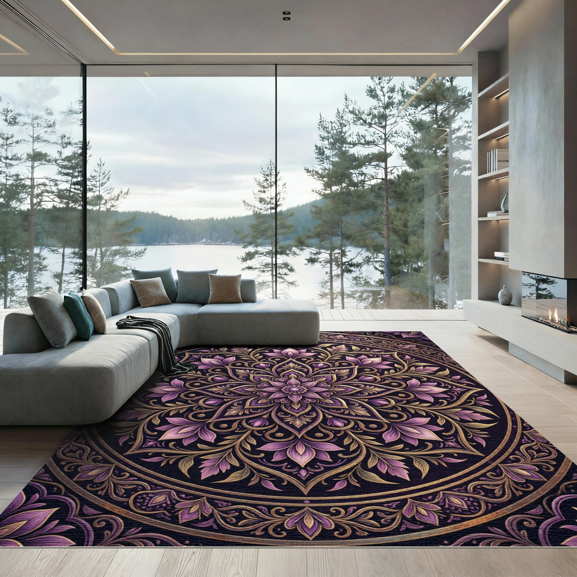 Ornate Purple Gold Floral Mandala Rug