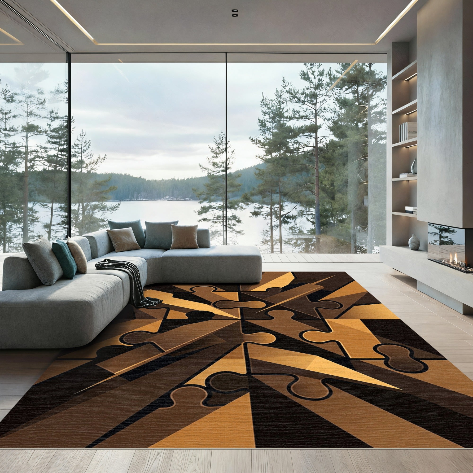 Golden Brown Puzzle Piece Composition Rug