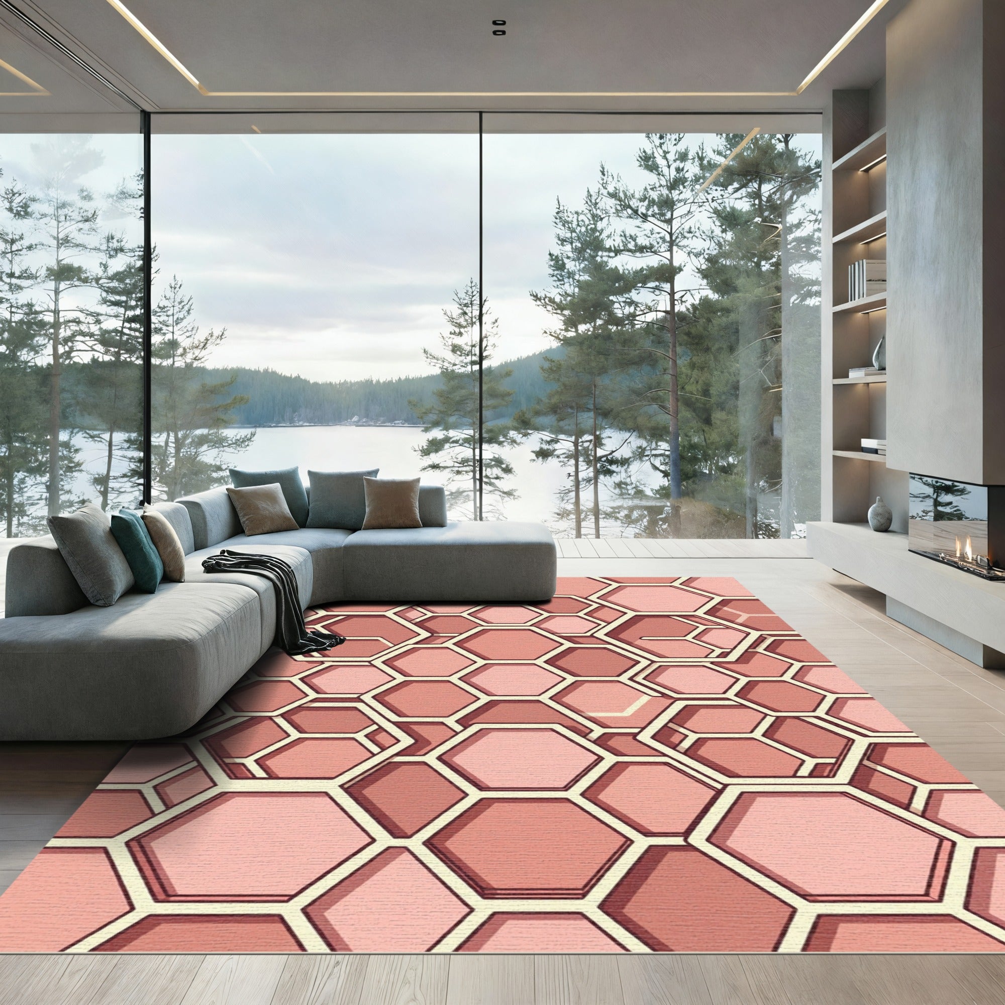 Geometric Hexagon Soft Rose Blush Tile Rug