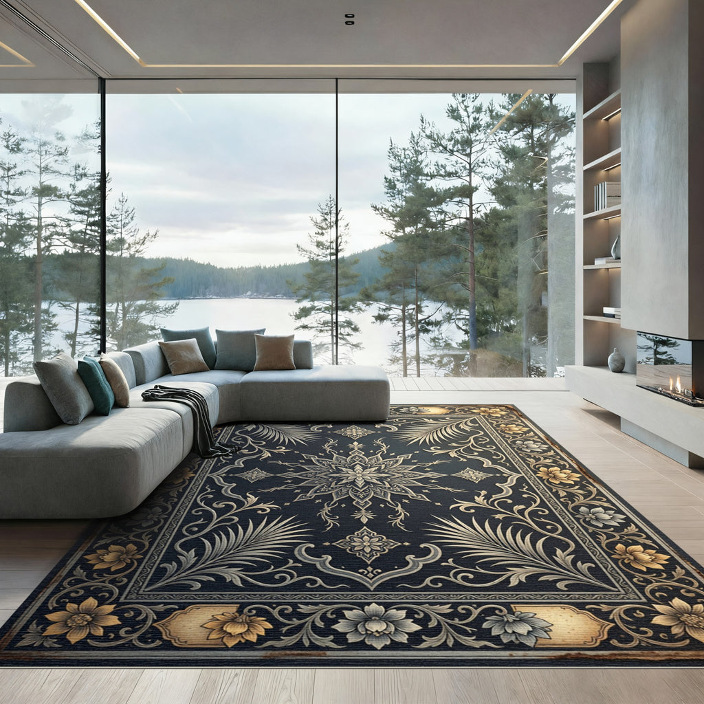 Ornate Floral Medallion Dark Rug