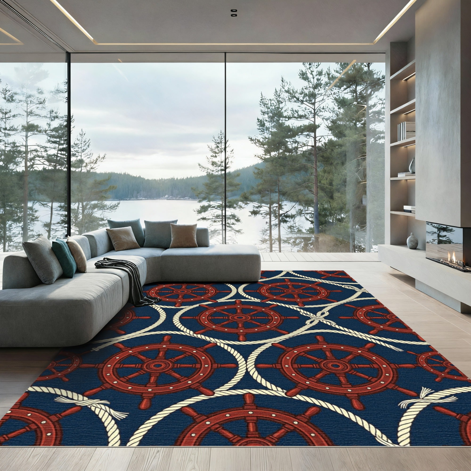 Nautical Navy Ship Wheel Rope Tile Rug
